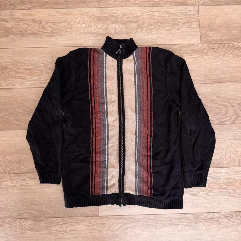 Geoffrey Beene Men’s Small Striped Full Zip Cotton Knit Sweater Black